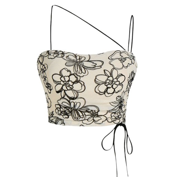 Cider Tops - Cider Mesh Floral Asymmetric Strap Crop Top